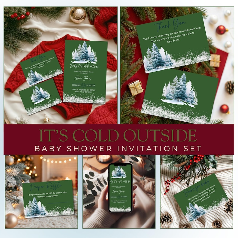 May include: A baby shower invitation set with a winter theme. The set includes invitation cards, thank you cards, and a diaper raffle card. The cards feature a snowy forest design with the text "It's Cold Outside".