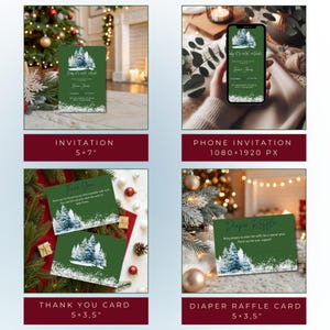 May include: A collection of Christmas-themed stationery, including invitations, thank you cards, and a diaper raffle card. Each card features a winter forest scene with snow and the text "Baby It's Cold Outside". The invitation is 5x7 inches.