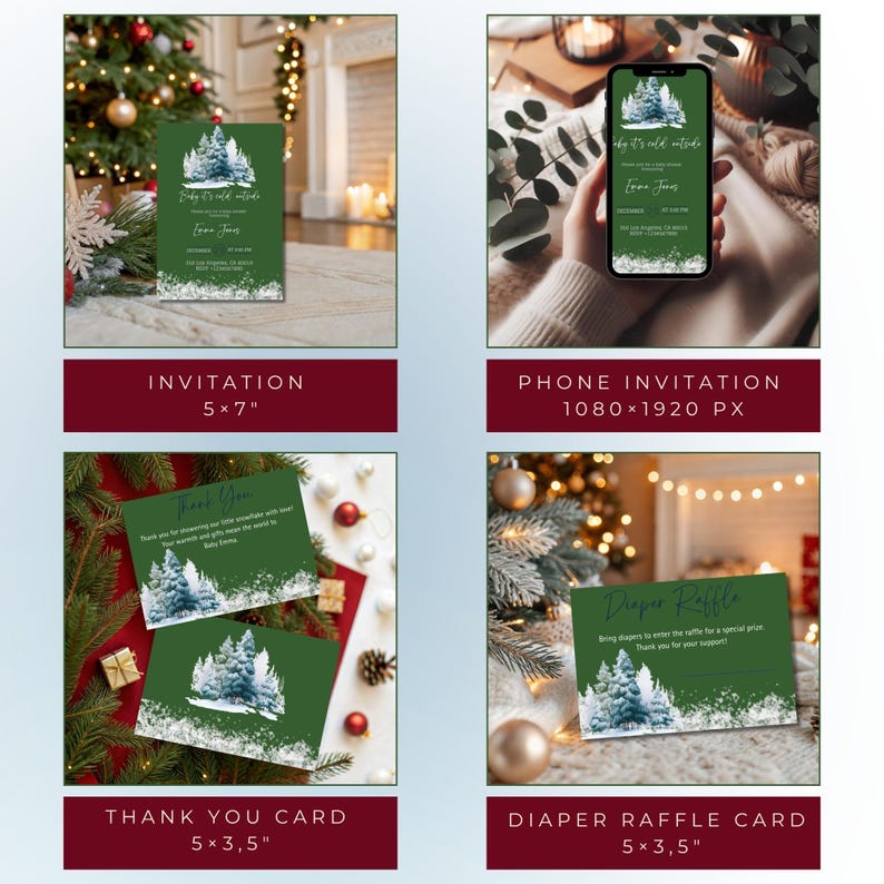 May include: A collection of Christmas-themed stationery, including invitations, thank you cards, and a diaper raffle card. Each card features a winter forest scene with snow and the text "Baby It's Cold Outside". The invitation is 5x7 inches.