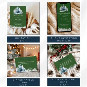 May include: A collection of baby shower stationery, including invitations and cards. The designs feature a winter forest scene with the text "Baby it's cold outside." The invitation is 5x7 inches, and the cards are 5x3.5 inches.