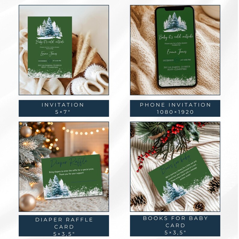 May include: A collection of baby shower stationery, including invitations and cards. The designs feature a winter forest scene with the text "Baby it's cold outside." The invitation is 5x7 inches, and the cards are 5x3.5 inches.