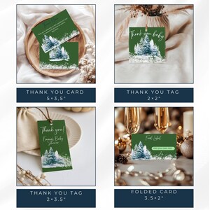 May include: A collection of green thank you cards and tags with a winter forest design. The cards and tags feature text such as "Thank You" and "Thank You Baby". Sizes include 5x3.5 inches, 2x2 inches, 2x3.5 inches, and 3.5x2 inches.