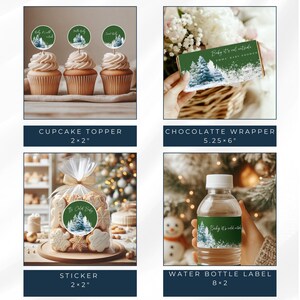 May include: A collection of winter-themed party supplies, including cupcake toppers, a chocolate wrapper, stickers, and water bottle labels. Each item features a winter forest design with the text "Baby it's cold outside."