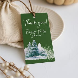 May include: A green gift tag with the text "Thank you! Emma's Baby Shower" in white script. The tag features a winter forest scene with snow-covered trees. A beige drawstring bag is visible in the background.