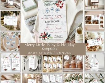 Merry Little Christmas Baby Shower Bundle | Holiday Baby Decor & Ornaments | Keepsake Set Editable