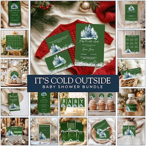 May include: A collection of winter-themed baby shower stationery. The set includes invitations, thank you cards, and decorative elements featuring a snowy forest design. The text "Baby it's cold outside" is visible on several items. The bundle is designed for a baby shower.