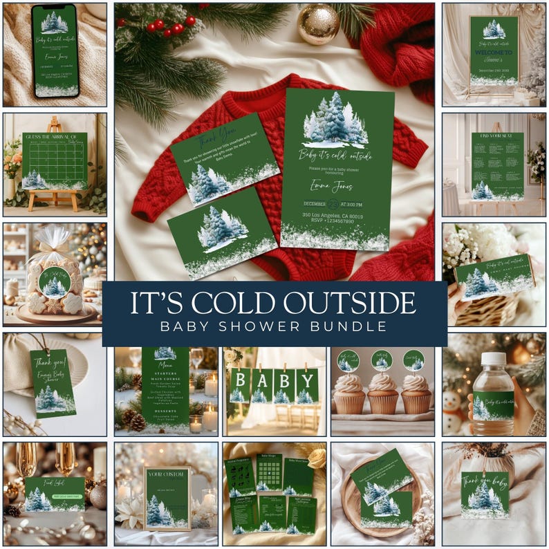 May include: A collection of winter-themed baby shower stationery. The set includes invitations, thank you cards, and decorative elements featuring a snowy forest design. The text "Baby it's cold outside" is visible on several items. The bundle is designed for a baby shower.