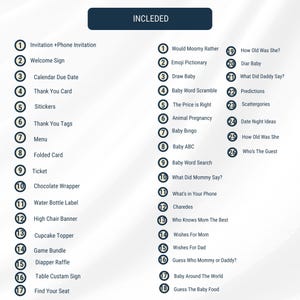 May include: A navy blue graphic with the word "INCLEDED" at the top, listing 26 items. The items include invitations, signs, cards, stickers, tags, menus, tickets, and game bundles. The list is for a baby shower.