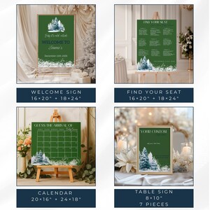 May include: A collection of four dark green signs with white text and winter tree illustrations. The signs include a welcome sign, seating chart, calendar, and table sign. The welcome sign is 16x20 inches, the seating chart is 16x20 inches, the calendar is 20x16 inches, and the table sign is 8x10 inches.