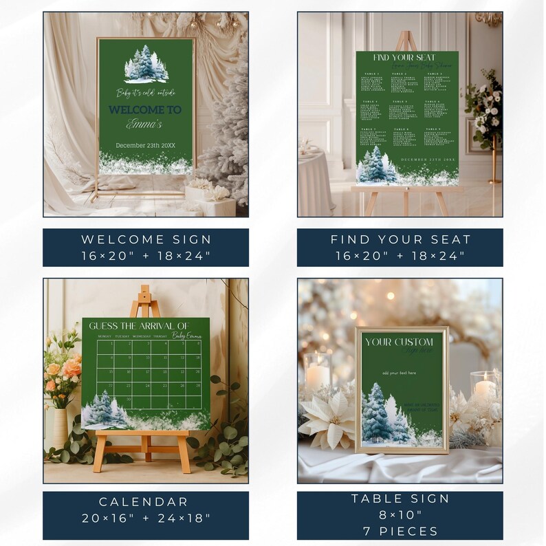 May include: A collection of four dark green signs with white text and winter tree illustrations. The signs include a welcome sign, seating chart, calendar, and table sign. The welcome sign is 16x20 inches, the seating chart is 16x20 inches, the calendar is 20x16 inches, and the table sign is 8x10 inches.