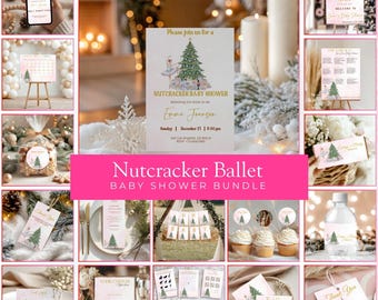 Sugar Plum Nutcracker Ballet Baby Shower Bundle • Pink Winter Girl Invitation Set • Editable Template