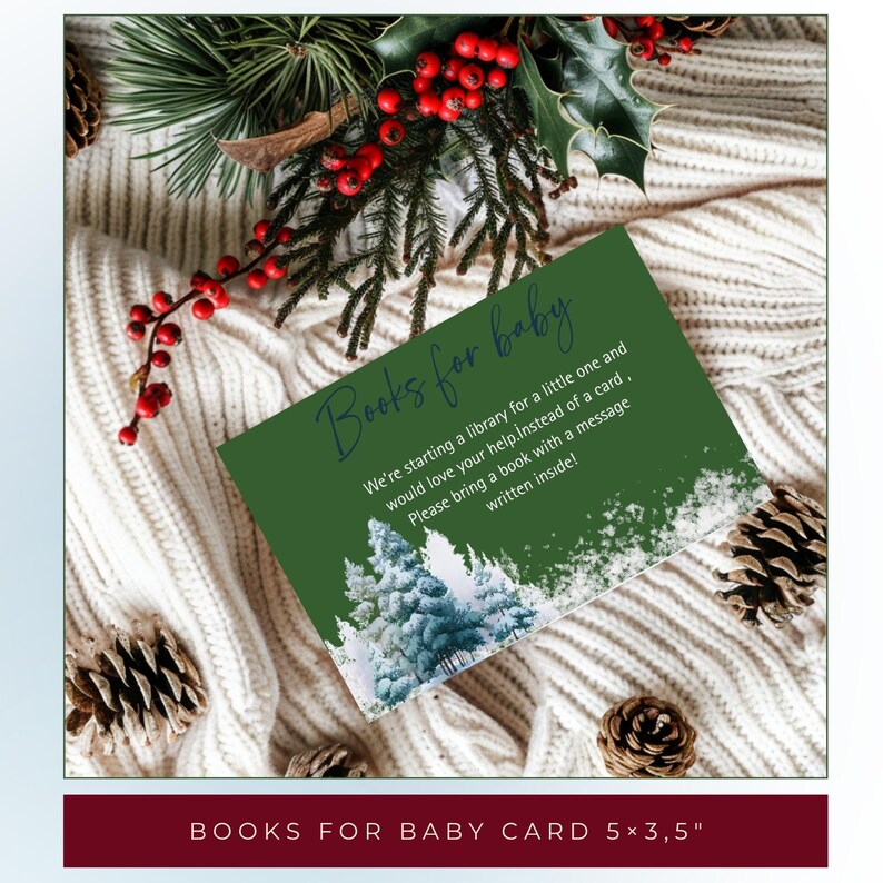 May include: A green card with the text "Books for baby" and a message about starting a library for a baby. The card is decorated with a winter forest scene and is 5 x 3.5 inches.