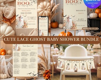 Coquette Halloween Baby Shower Bundle | Lace Ghost Little Boo Games, Invitations & Spooky Cute Party Decor