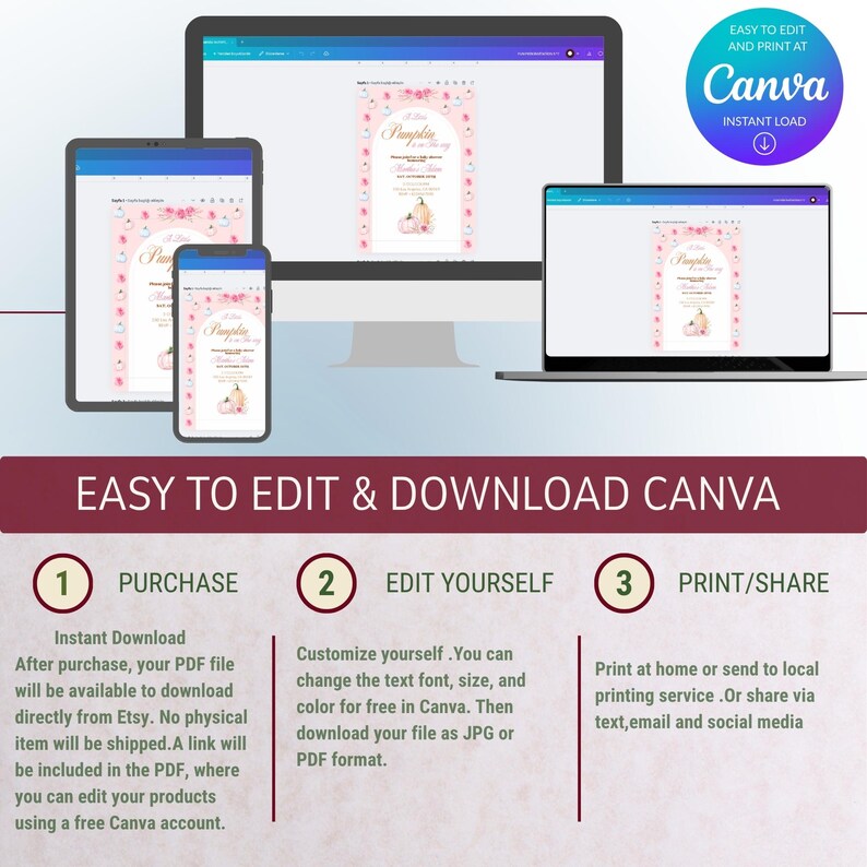 May include: Digital invitation design displayed on various devices, including a computer, tablet, phone, and laptop. The design features a floral border and pumpkin graphic. Text on the image reads "Easy to Edit & Download Canva."