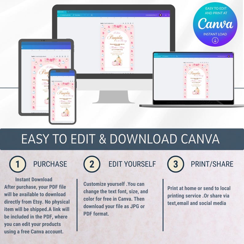May include: A digital invitation design displayed on various devices, including a computer, tablet, and phone. The design features a floral border and pumpkin graphic. The image includes the text "Easy to Edit & Download Canva".