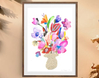 Original Abstract Floral Artwork – Watercolor & Collage Flower Painting – Colorful Mixed Media Art on Paper