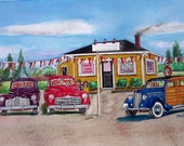 Early Ford V8 Cars Used Car Dealership Personalized Watercolor Art Print ( Your name hand printed on the car dealer 39 s sign )