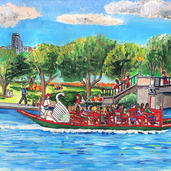 Boston Gardens Swan Boats art print - Institution in the Public Gardens of Boston MA - commons pond lake memories - wall decor gift for