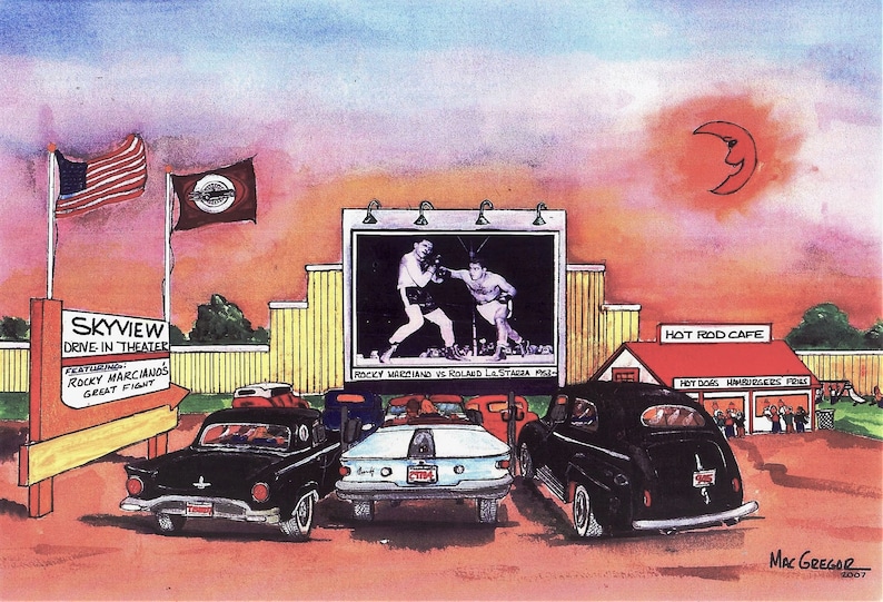 Brockton Sky View Drive-in movie theater Art Print MA Rocky Marciano and Roland LaStarza famous historic boxing match wall decor gift image 1