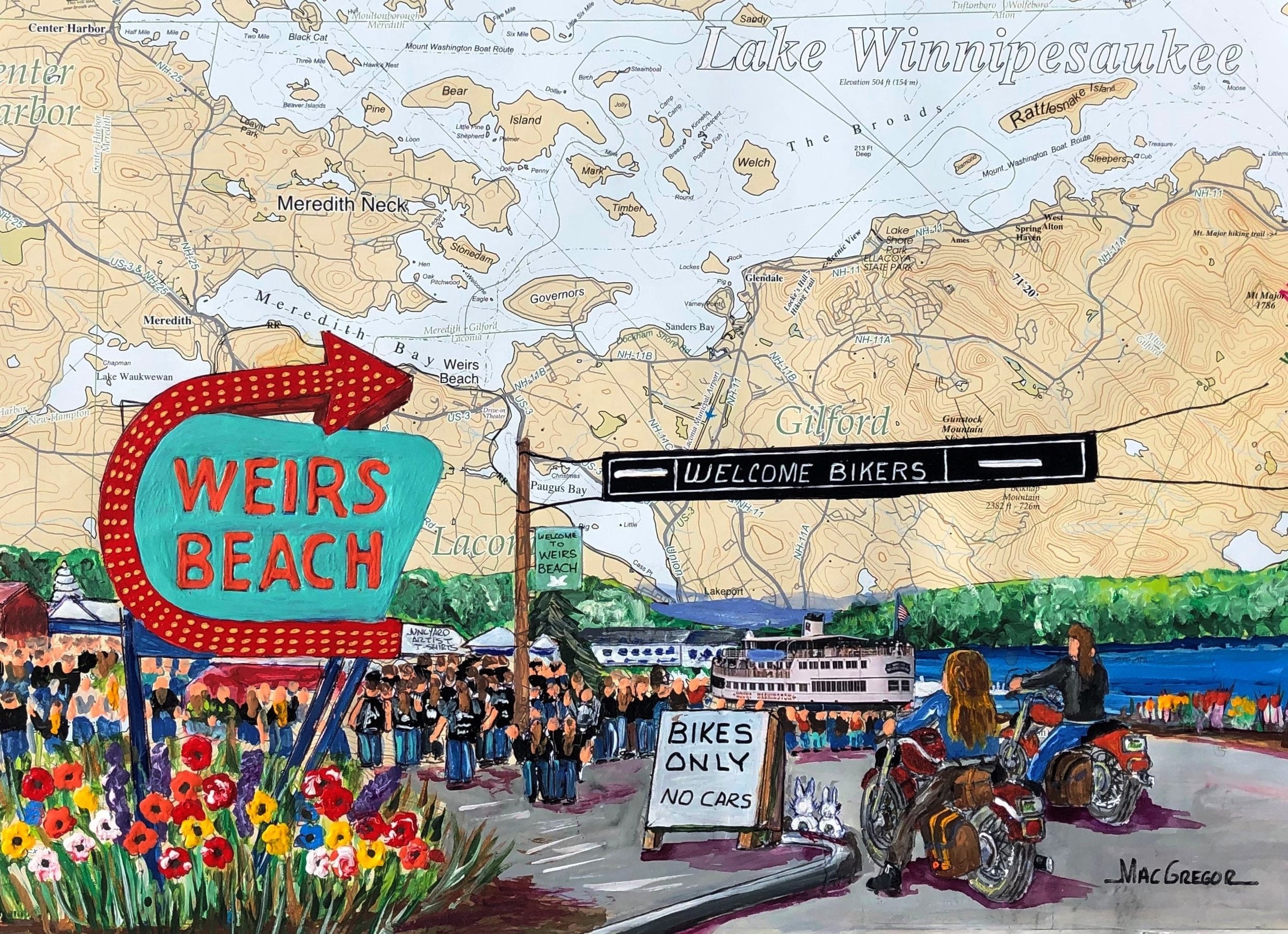 Laconia Bike Week Map Laconia Motorcycle Week Weirs Beach Laconia Nh Nautical Chart | Etsy