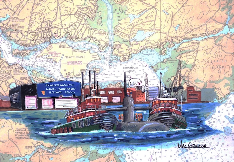 Portsmouth Naval Shipyard Nautical Chart Art Print Map Kittery Etsy