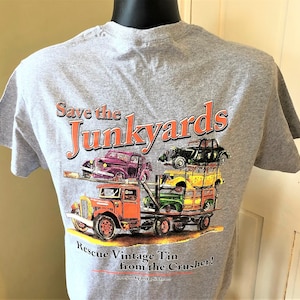 Ford Flathead Vintage Cars on Antique Car Carrier T-Shirt &quot;Save Vintage Tin from the Crusher&quot; 100% Cotton apparel by the Junkyard Artist