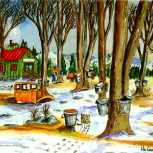Maple Sugaring Art Print tapping maple trees for maple syrup in a sugar shack camp bucket tap pancake artwork painting Spring wall decor