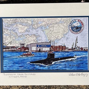 Portsmouth Naval Shipyard art print Kittery ME pnsy US Navy Virginia class submarine sub repair overhaul retired veteran wall decor gift for