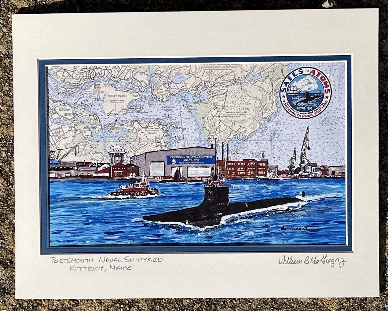 Portsmouth Naval Shipyard art print Kittery ME pnsy US Navy Virginia class submarine sub repair overhaul retired veteran wall decor gift for