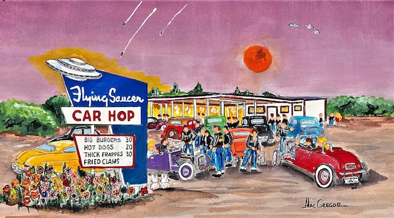 Flying Saucer Car Hop Art Print Worcester Millbury MA UFO