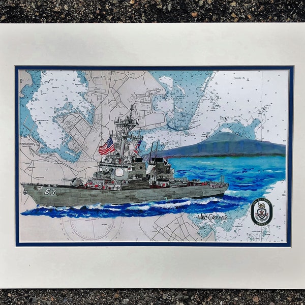 USS Stethem DDG-63 art print - US Navy destroyer ship - Mt Fugi - San Diego Naval Base - Navy veteran gift - wardroom officer sailor ens