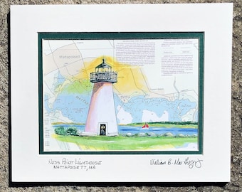 Neds Point Lighthouse Art Print - historic lighthouse on Neds Point Road Mattapoisett MA - map yacht club sail sailor boater fisherman gift