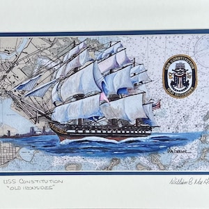 Carte marine USS Constitution impression d'art Old Ironsides Charlestown Navy Yard Boston MA, vétéran historique de la guerre des voiliers, cadeau maritime de 1812