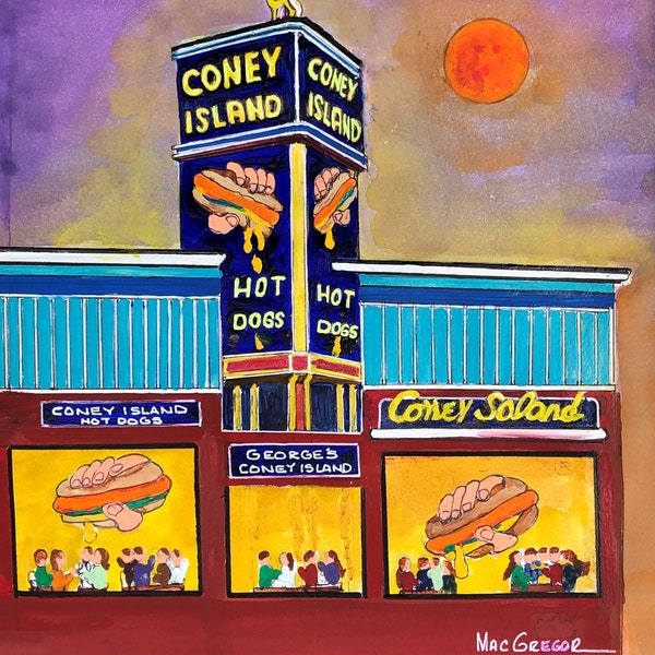 Coney Island Hotdogs art print - Worcester historic landmark MA - iconic neon sign - weiner dog hamburger kitchen diner wall decor art gift