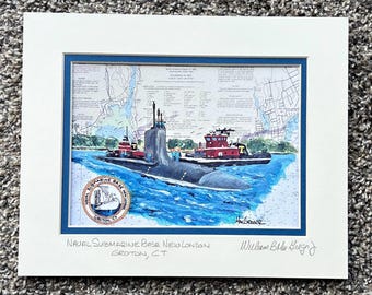 Naval Submarine Base New London art print - Groton CT - Thames River - US Navy veteran sub submariner - nautical chart wall decor gift for