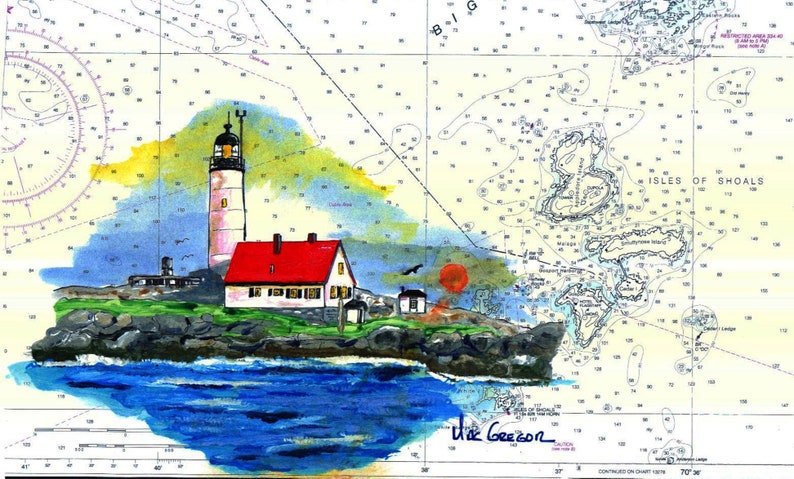 Isles of Shoals Lighthouse nautical chart art print poster map White Island New Hampshire Smuttynose Atlantic ocean seacoast light gift image 1