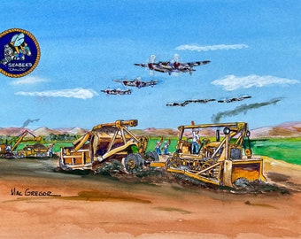 Seabees art print - US Navy construction battalion- Can Do - WW2 original painting -military bulldozer - veteran retired sailor reunion gift