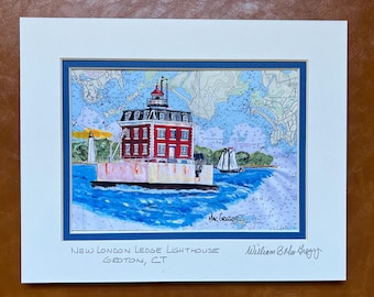 New London Ledge Lighthouse Art Print Groton CT Thames River  New London Harbor light nautical chart double matted wall decor Coast Guard