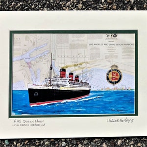 RMS Queen Mary art print-Long Beach Los Angeles CA - British ocean liner cruise ship Cunard - tourist LA wall decor gift for office him her
