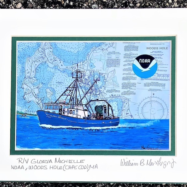 R/V Gloria Michelle Art Print - Woods Hole Cape Cod MA - NOAA research vessel ship- nautical chart map wall decor boater veteran gift for