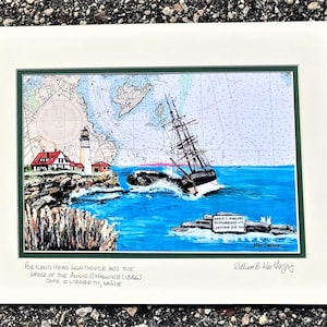 Portland Head Lighthouse and the Shipwreck of Annie C. Maguire Art Print Cape Elizabeth Maine ME nautical chart painting wreck wall decor