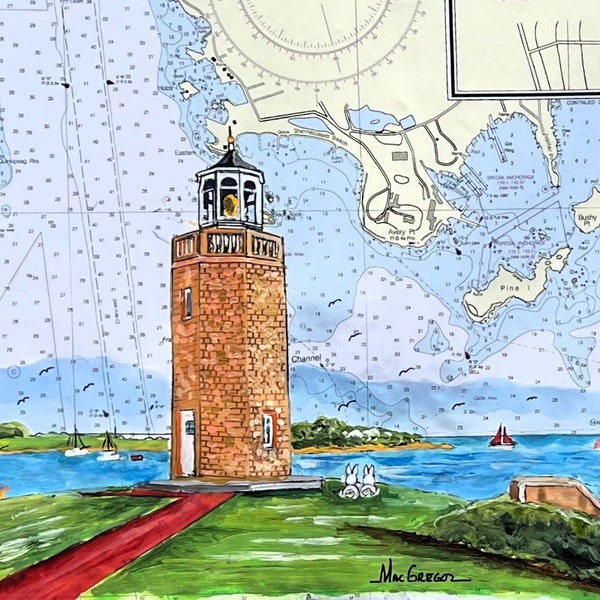 Avery Point Lighthouse art print - Groton CT - University of Conn gift -Fishers Island sound = nautical chart wall decor light - Coast Guard