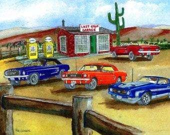 Mustang Ranch art print last stop garage painting watercolor classic 1965 Ford Mustang GT Shelby Cobra fastback stang pony car gift