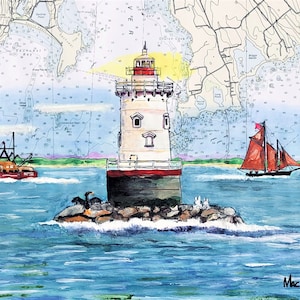 Sakonnet Lighthouse  art print Little Compton Rhode Island yacht seashore poster map fishing sail boat beach cottage wall decor gift