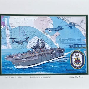 USS America LHA-6 Art Print - US Navy assault helicopter V-22 us marines ship - veteran pilot sailor nautical chart wall decor gift for him