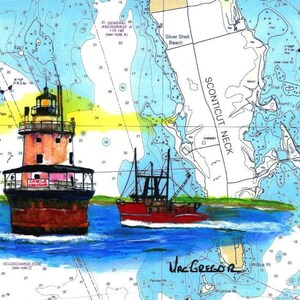 Butler Flats Lighthouse art print map New Bedford Harbor Acushnet River light fisherman boater gift for original nautical chart painting