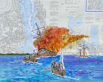 Burning of the Gaspee Art Print - American Revolution 1772 - Schooner ship Pawtuxet Cove Namquid  Point Warwick RI - wall decor Rhody gift