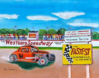 Richie Evans art print - Westboro MA speedway - racetrack - Race car driver- Driving #61 - Short track stock car racing - modifieds racing