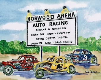 Norwood Arena Art Print - Route 1 Norwood MA - Short Track Racing, Midget, NASCAR, stock cars and demolition derby - Race car fan gift