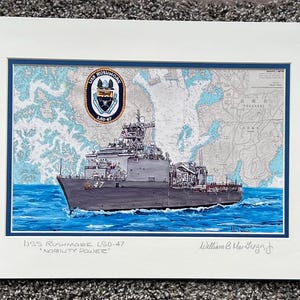 Impression d'art de décoration murale USS Rushmore LSD-47 - oeuvre d'art de navire de la marine américaine - peinture originale - cadeau mural d'honneur maison de marin à la retraite vétéran du carré des carré
